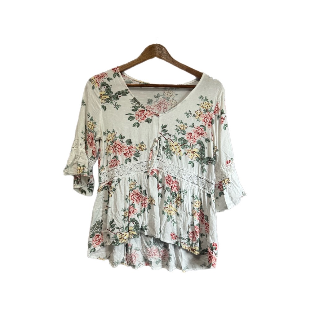 Maurices Floral Babydoll Top Womens XS White Peplum Crochet Lace Boho 3/4 Slv
